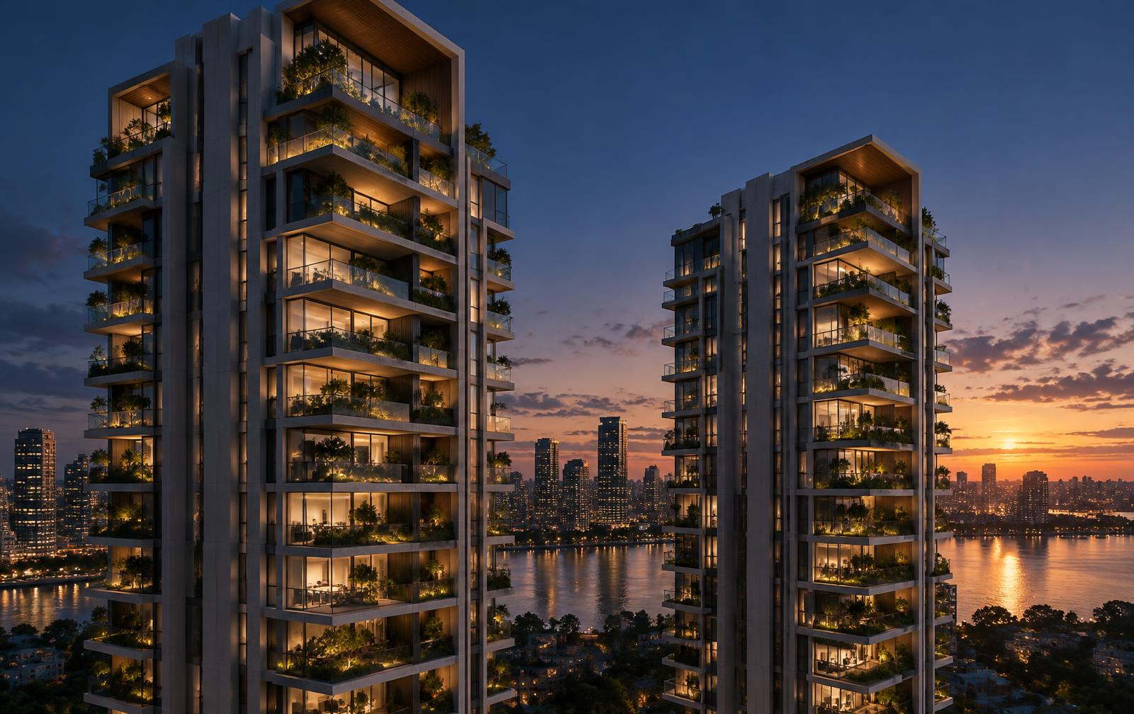 Conceptual view of tall residential towers with deep planted sundeck balconies at dusk